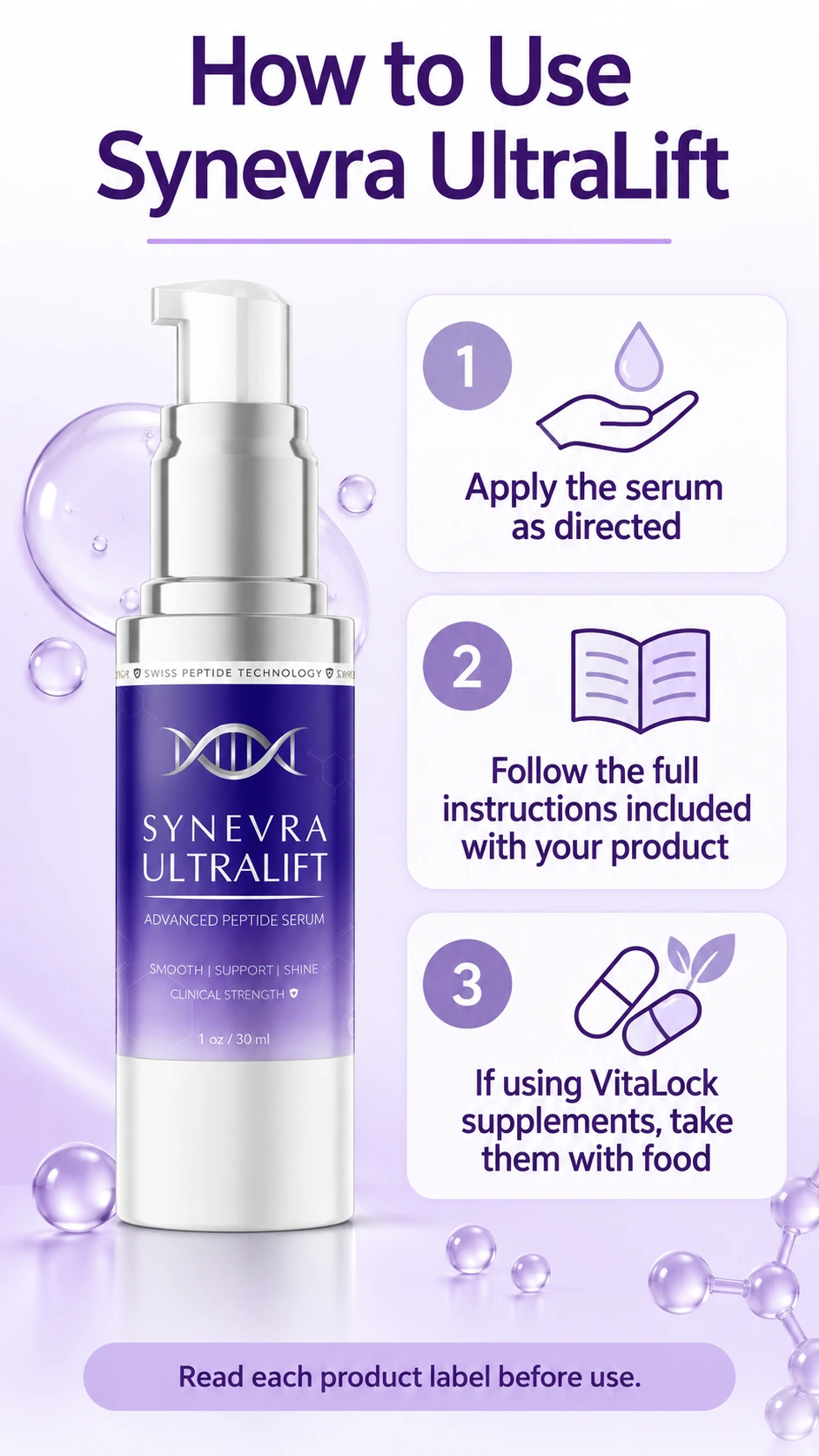 Directions for the Synevra serum and VitaLock routine